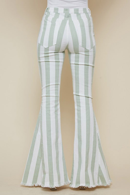 Striped Distressed Hem Bellbottom Jeans