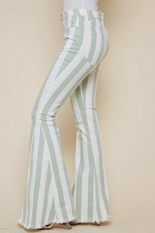 Striped Distressed Hem Bellbottom Jeans