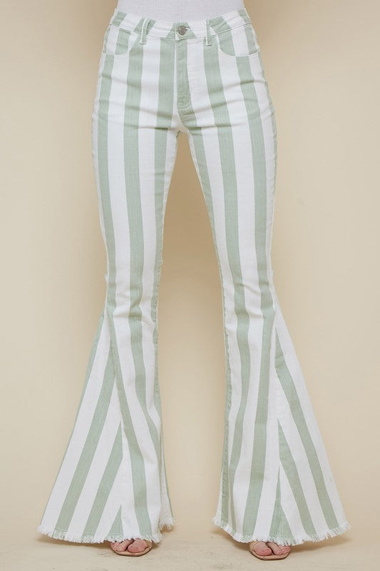 Striped Distressed Hem Bellbottom Jeans