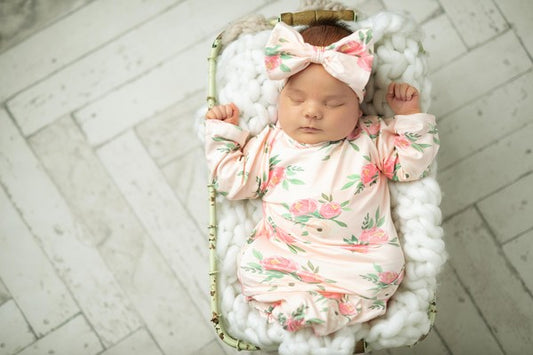 Pinky Pink Rose Baby Gown Bow Headband 0-3mo