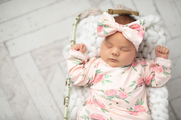 Pinky Pink Rose Baby Gown Bow Headband 0-3mo