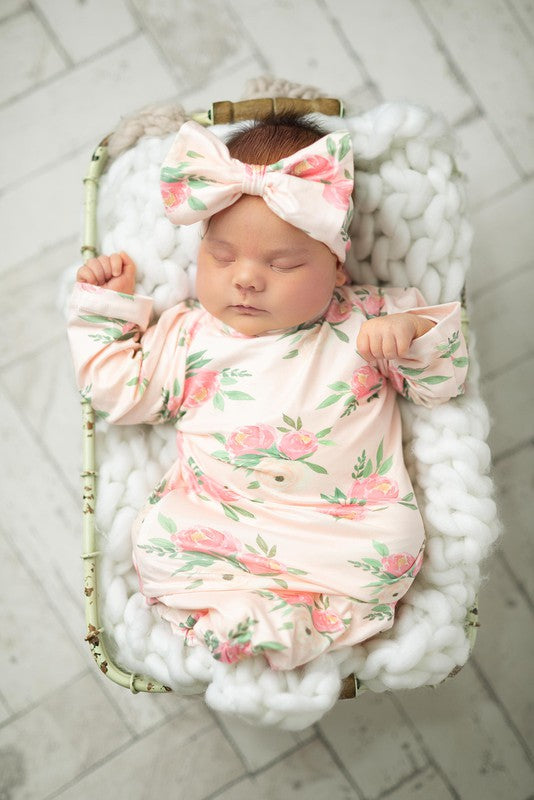 Pinky Pink Rose Baby Gown Bow Headband 0-3mo