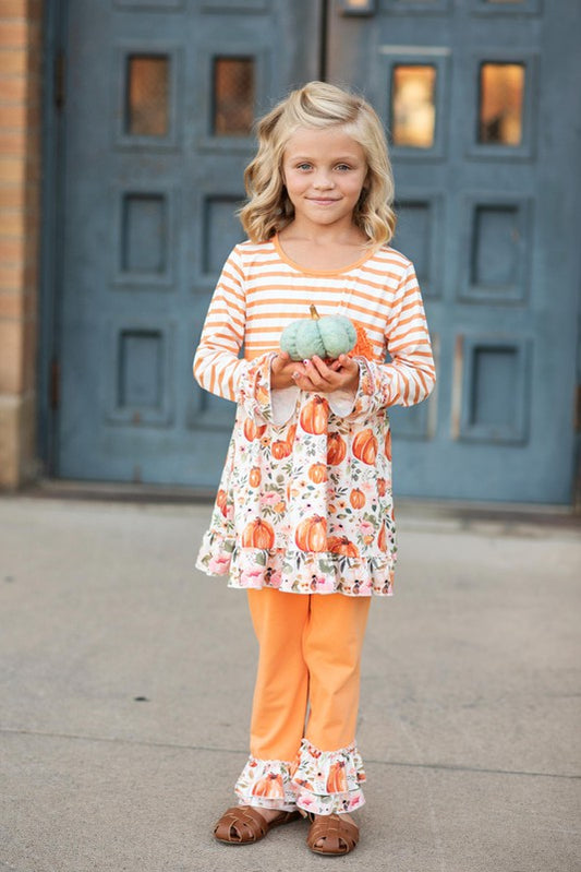 Kids Pumpkin Stripe Ruffle Pant Set