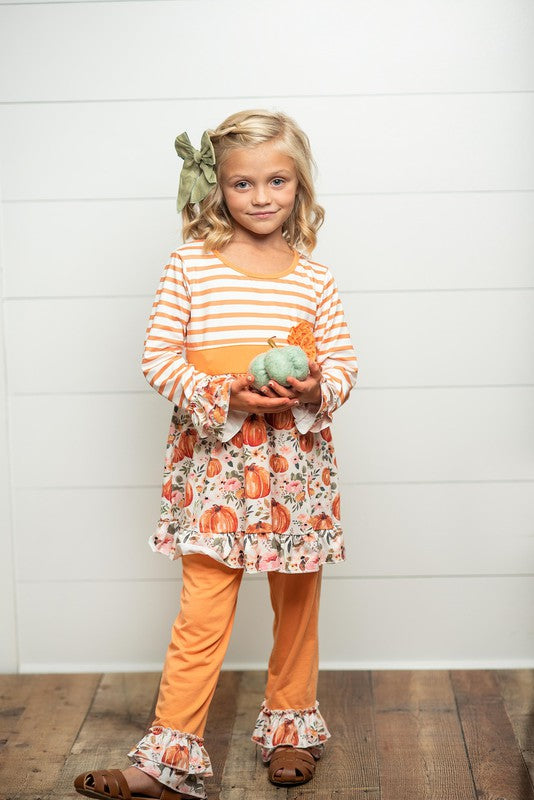 Kids Pumpkin Stripe Ruffle Pant Set