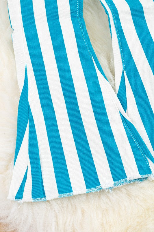 Girls Turquoise Striped Bootcut Jeans