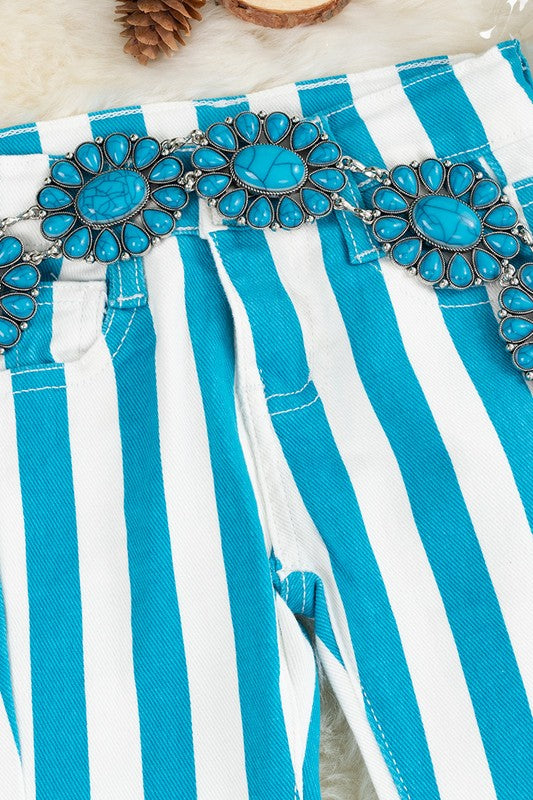 Girls Turquoise Striped Bootcut Jeans