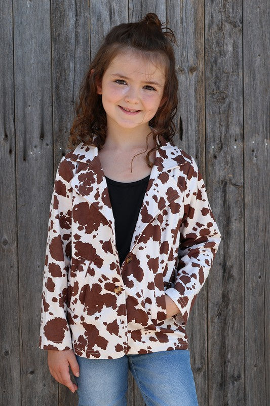 Girls Cow Print Blazer w/ Pockets