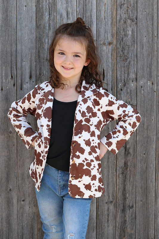 Girls Cow Print Blazer w/ Pockets