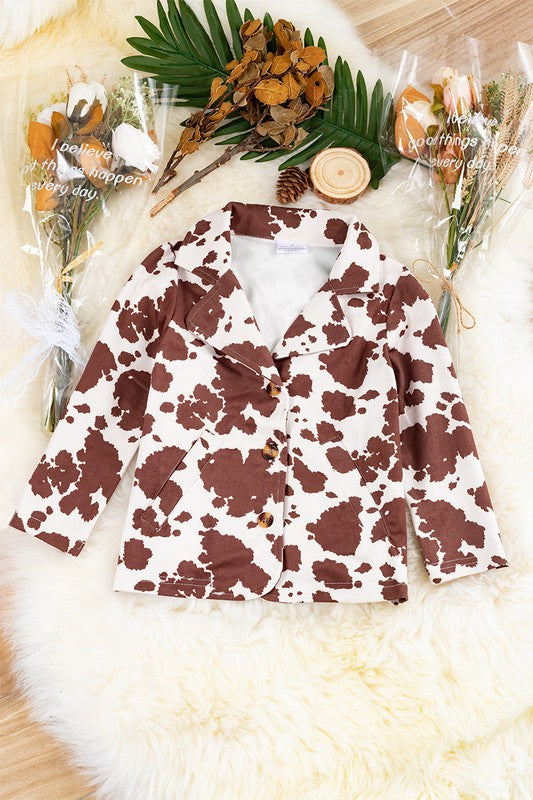 Girls Cow Print Blazer w/ Pockets