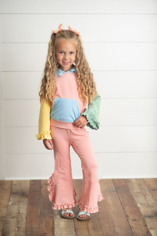 Kids Color Block Hooded Ruffle Set
