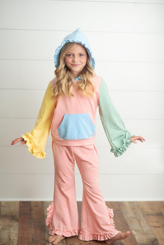 Kids Color Block Hooded Ruffle Set