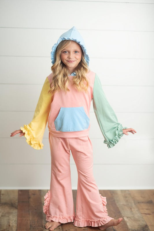 Kids Color Block Hooded Ruffle Set