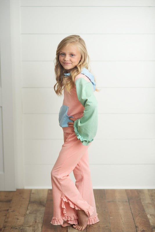 Kids Color Block Hooded Ruffle Set