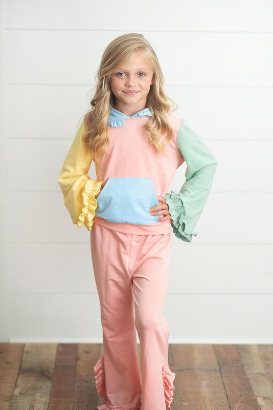 Kids Color Block Hooded Ruffle Set