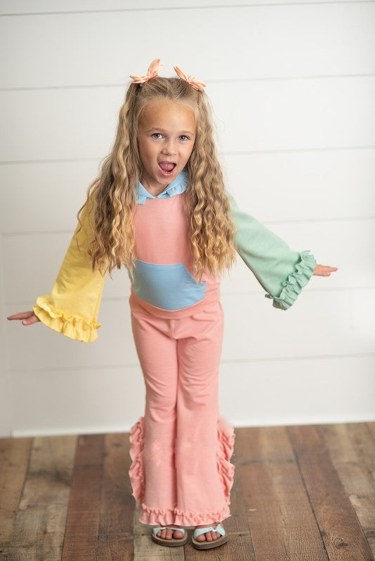 Kids Color Block Hooded Ruffle Set