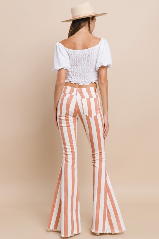 Striped Distressed Hem Bellbottom Jeans