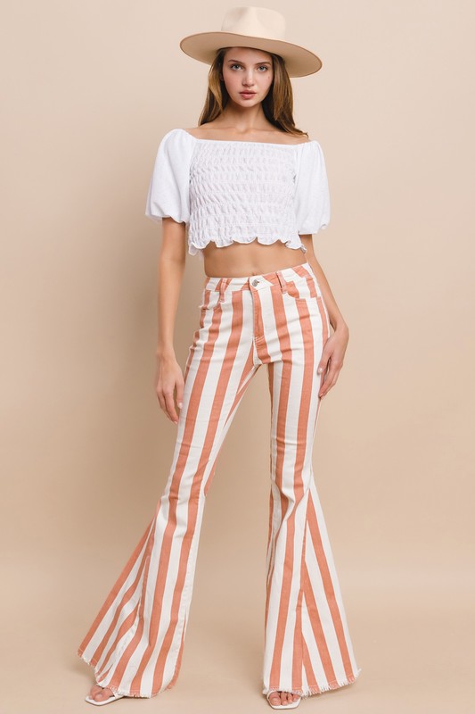Striped Distressed Hem Bellbottom Jeans