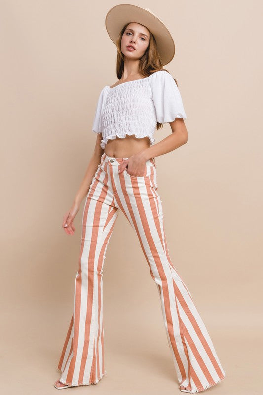 Striped Distressed Hem Bellbottom Jeans