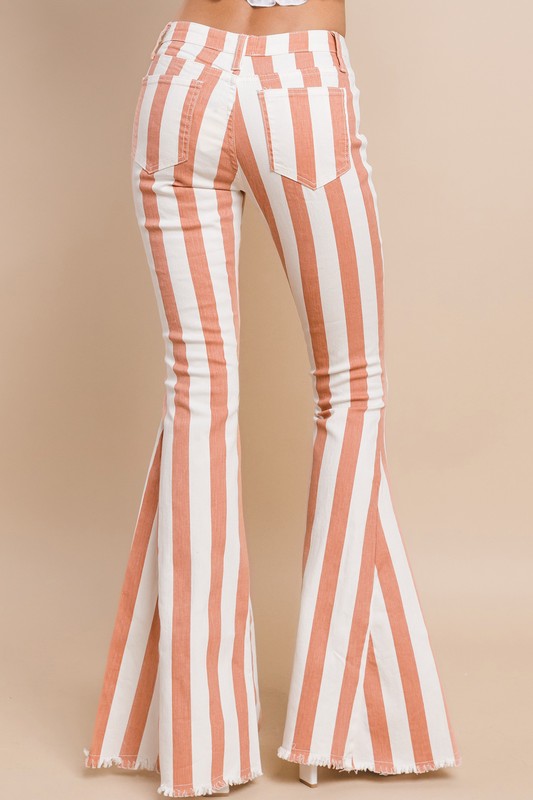 Striped Distressed Hem Bellbottom Jeans
