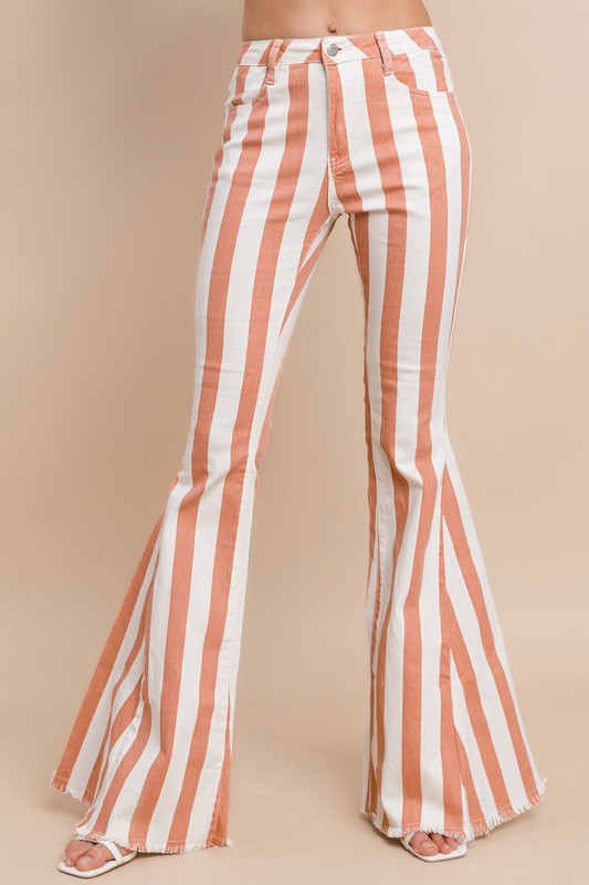 Striped Distressed Hem Bellbottom Jeans