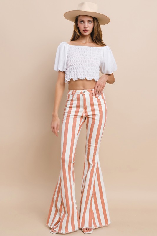 Striped Distressed Hem Bellbottom Jeans