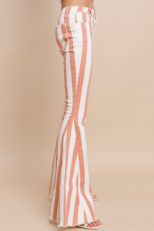 Striped Distressed Hem Bellbottom Jeans