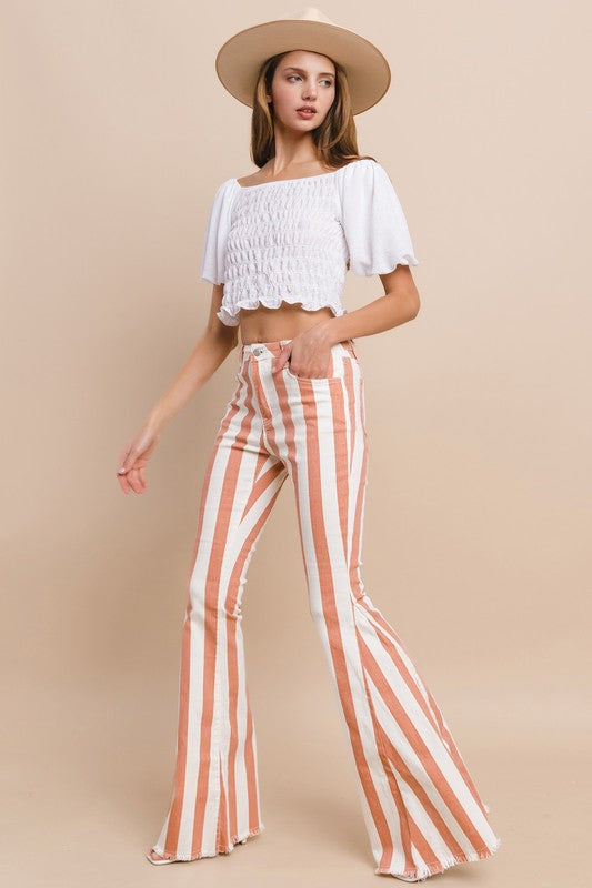 Striped Distressed Hem Bellbottom Jeans