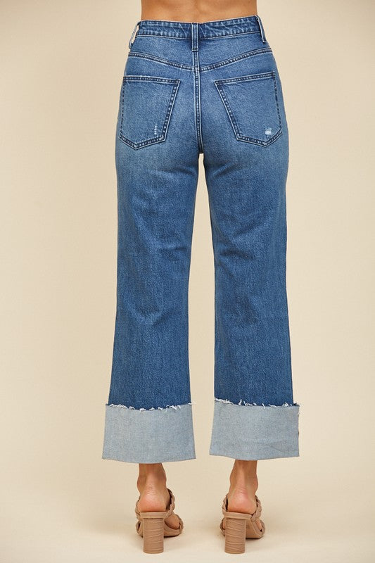Straight Leg Cuffed Dark Jeans