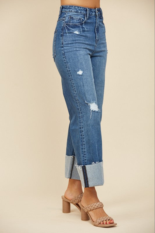 Straight Leg Cuffed Dark Jeans