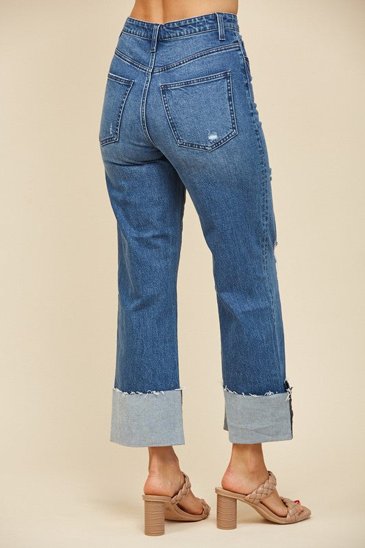 Straight Leg Cuffed Dark Jeans