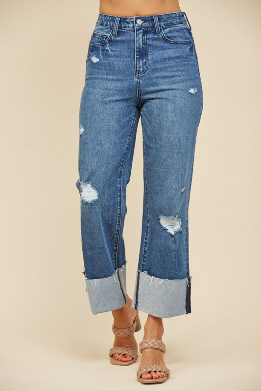 Straight Leg Cuffed Dark Jeans