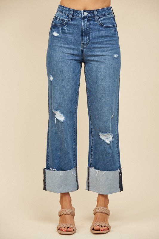 Straight Leg Cuffed Dark Jeans