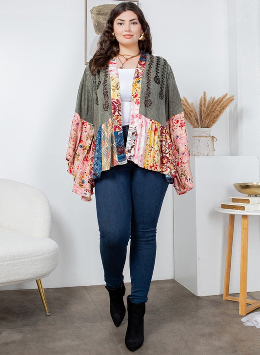 Plus Rayon Kimono Shrug w/ Embroidery