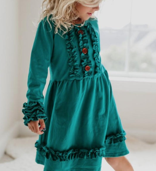 Kids Teal Ruffle Button Dress