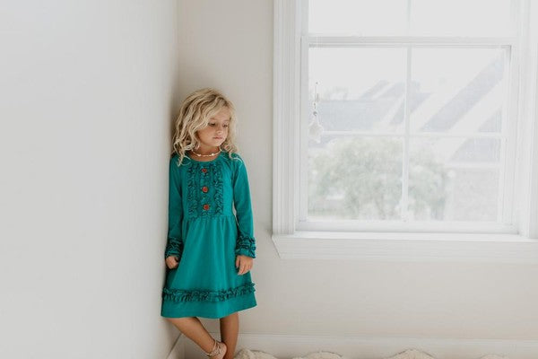 Kids Teal Ruffle Button Dress