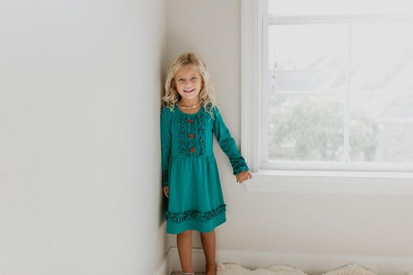 Kids Teal Ruffle Button Dress