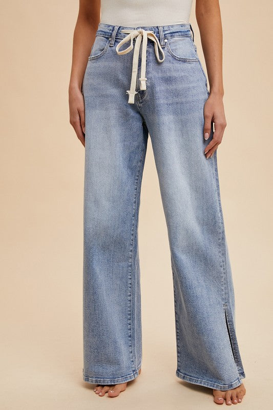 Tie Waist Side Slit Wide Leg Jean