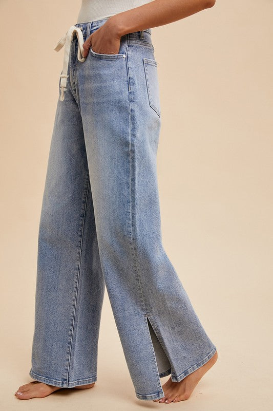 Tie Waist Side Slit Wide Leg Jean