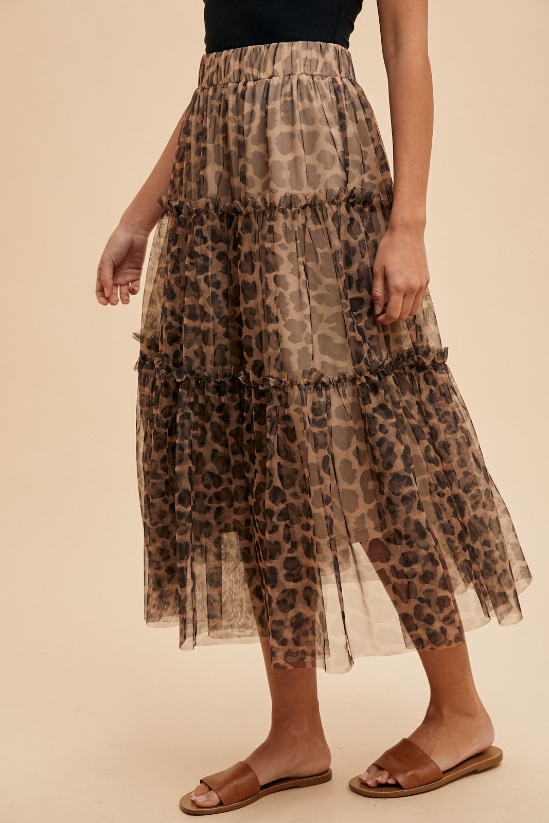 Leopard Print Tulle Tiered Midi Skirt