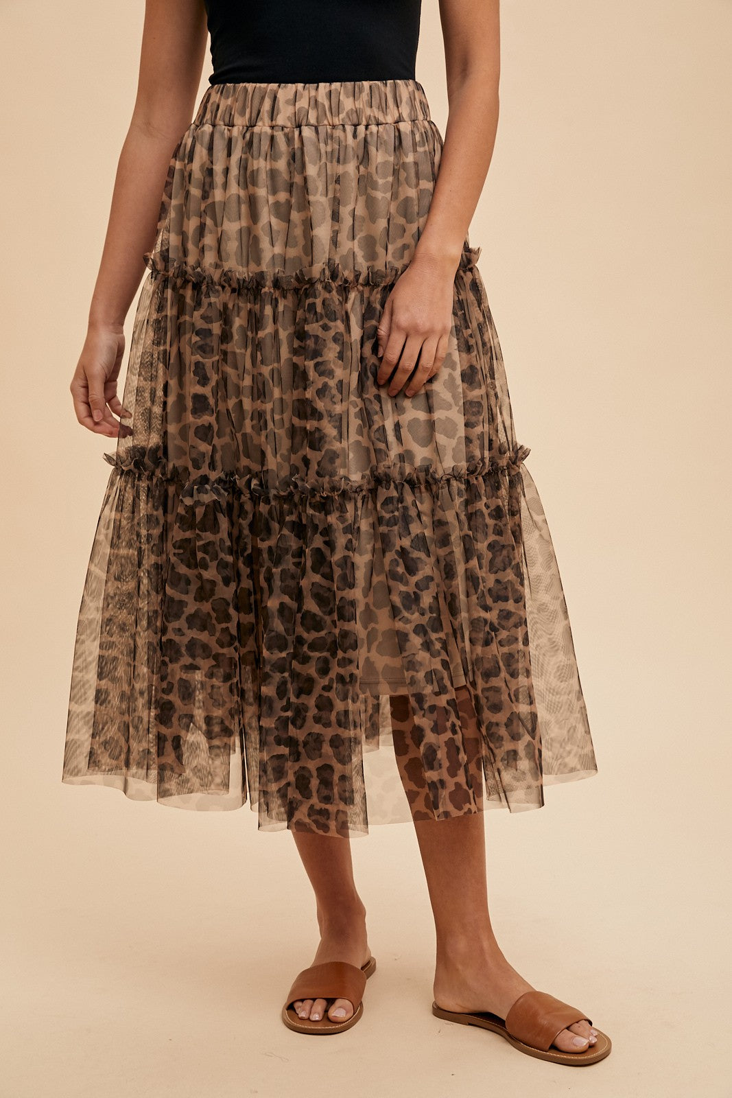Leopard Print Tulle Tiered Midi Skirt