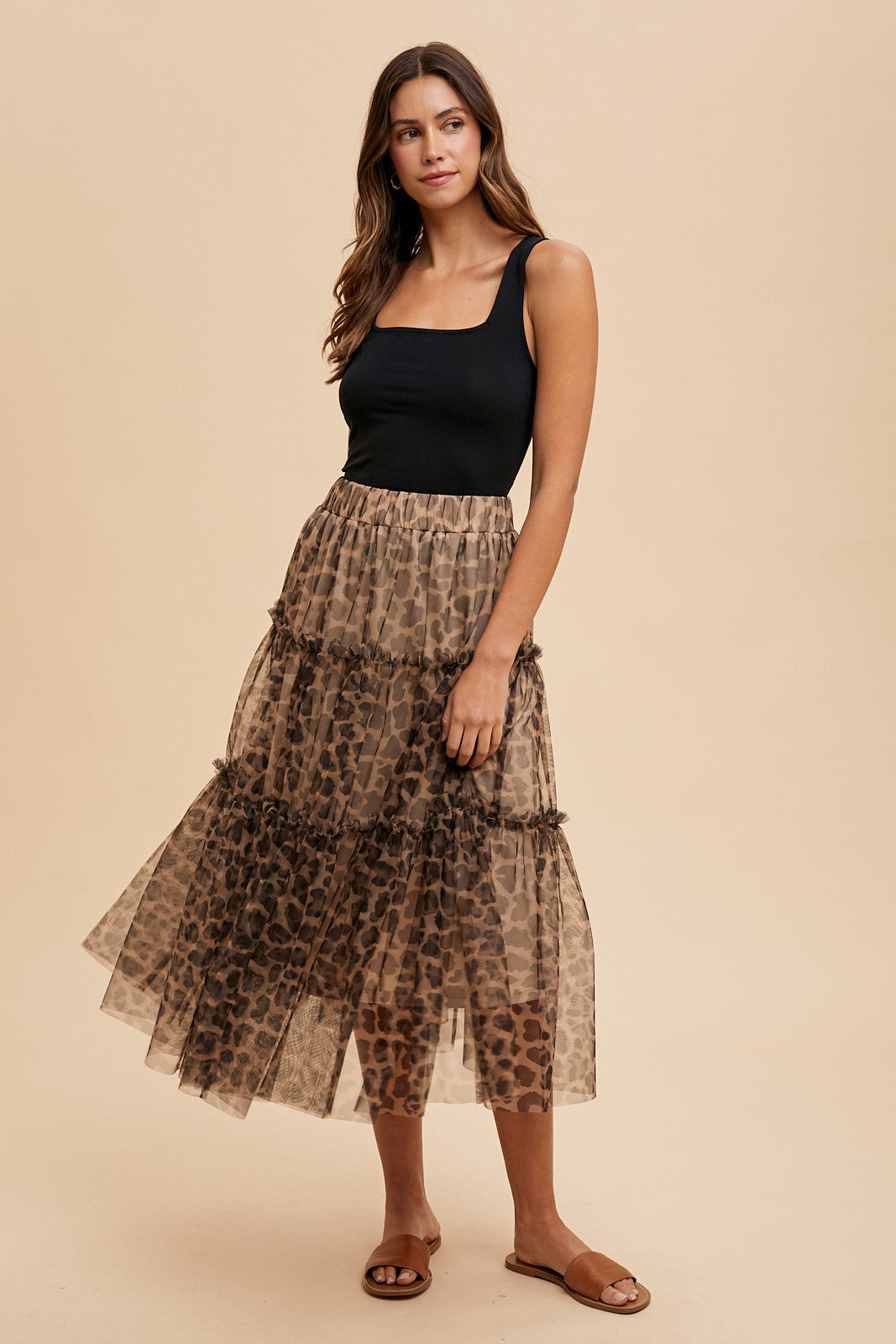 Leopard Print Tulle Tiered Midi Skirt