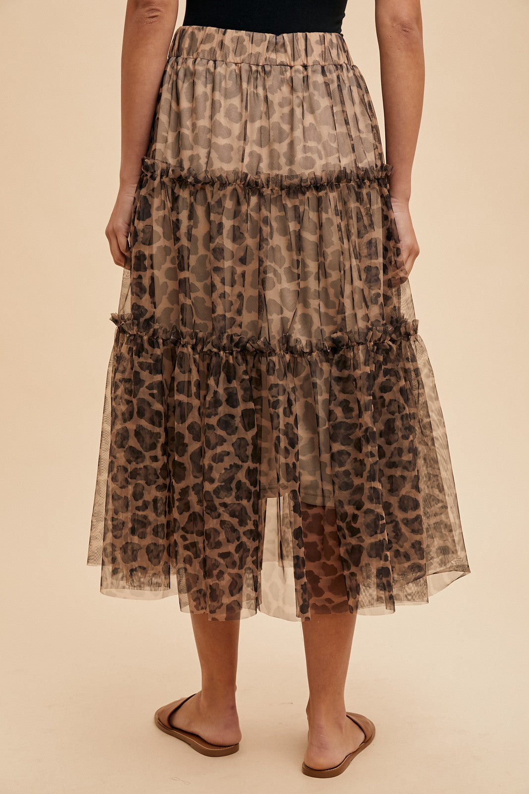 Leopard Print Tulle Tiered Midi Skirt