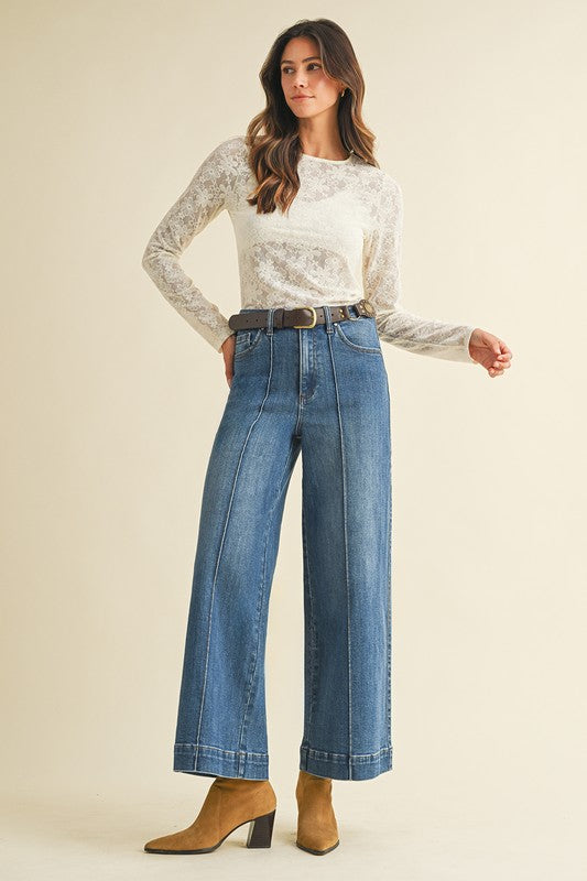Stretch High Rise Pin Tuck Wide Leg