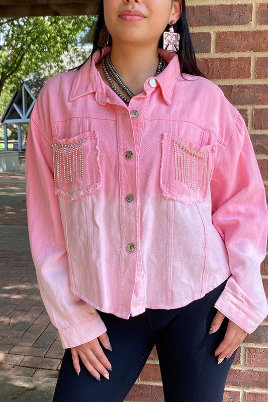 Plus Rhinestone Fringe Pink Gradient Denim Top