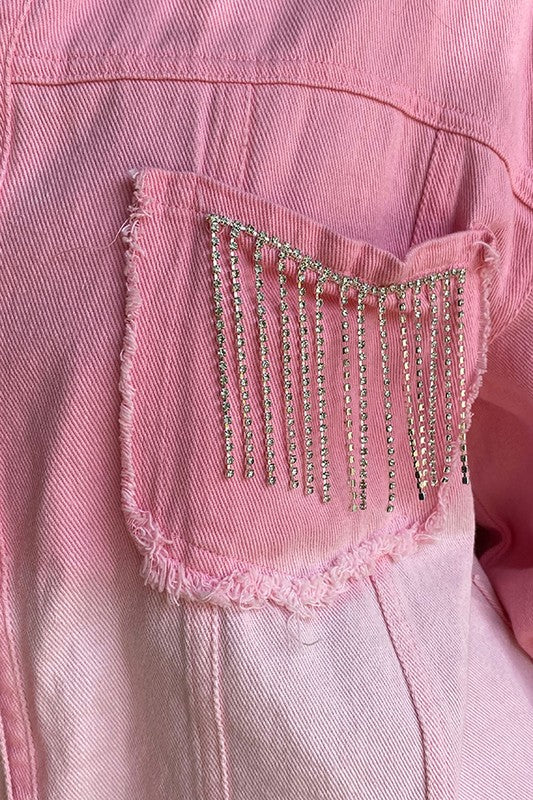 Plus Rhinestone Fringe Pink Gradient Denim Top