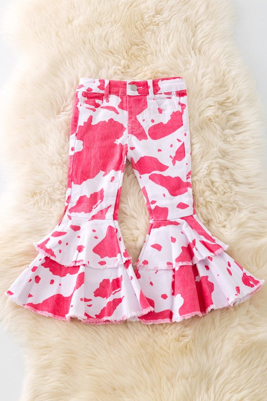 Girls Pink Cow Spotted Bell Jeans