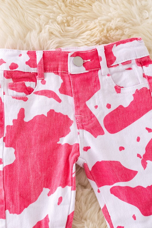Girls Pink Cow Spotted Bell Jeans