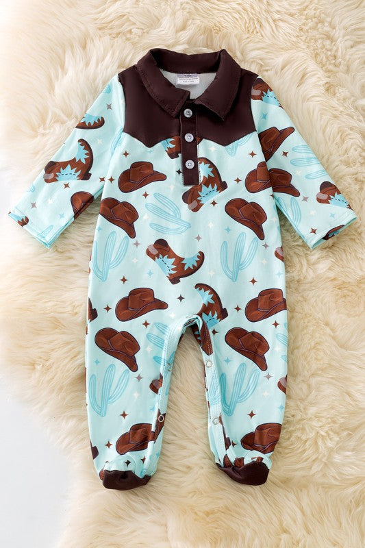 Infant Cowboy Print Blue Onesie