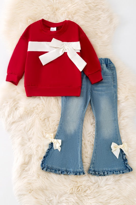 Red Long Sleeve and Denim Pants Set