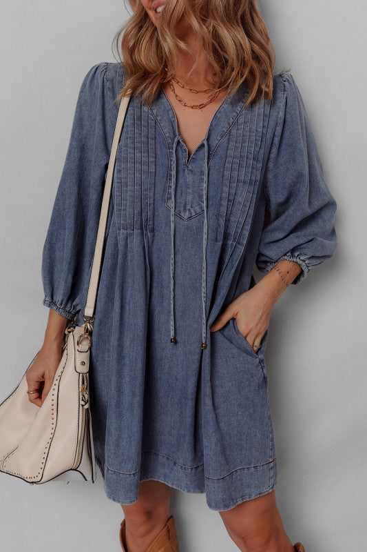 Pleated Denim Mini Dress